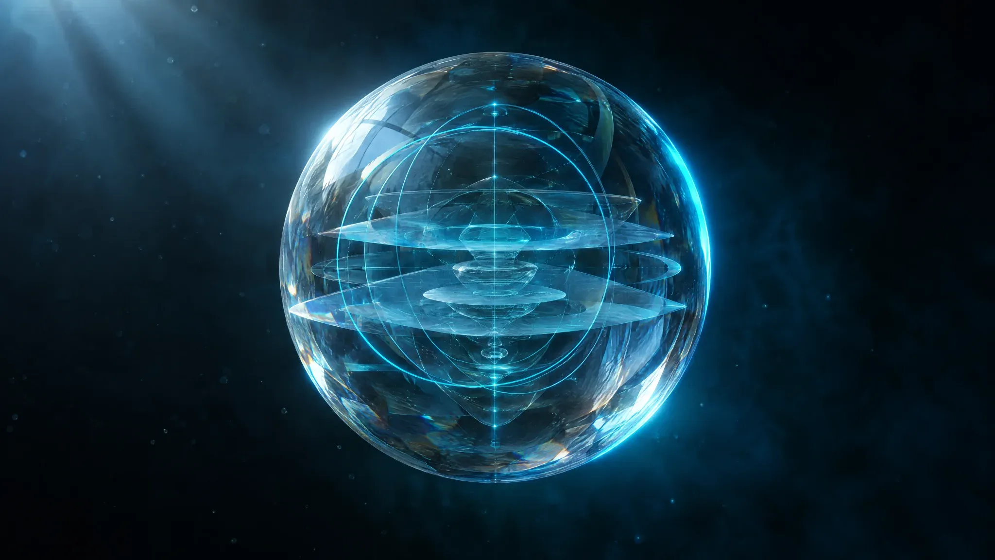 Translucent glass orb with cyan wireframe rings floating in a dark void
