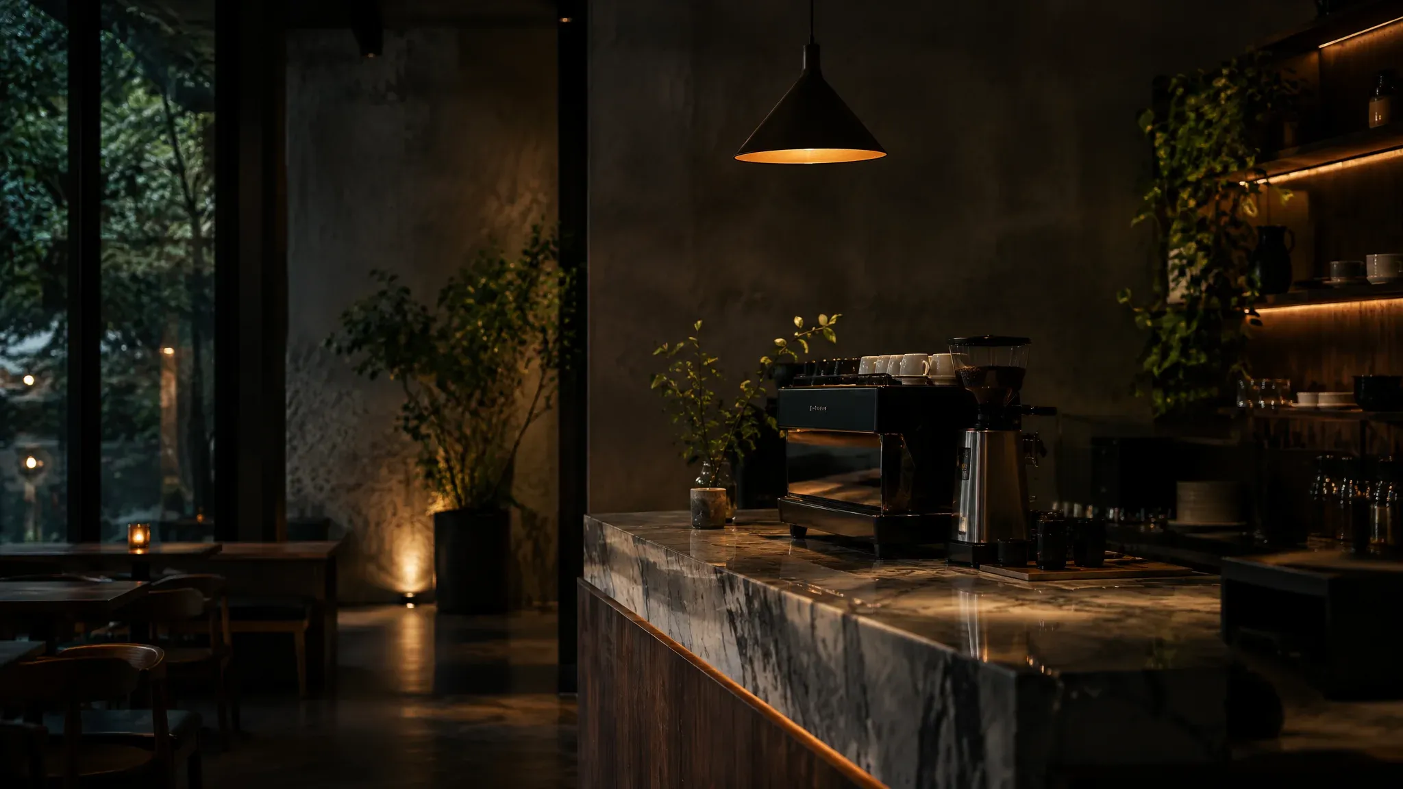 Moody minimal cafe interior with warm pendant light for the Botanico Cafe project
