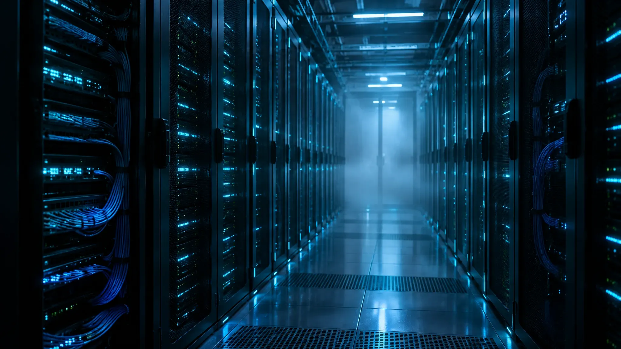 Dark server corridor with cyan status lights for the Cyber Lab project