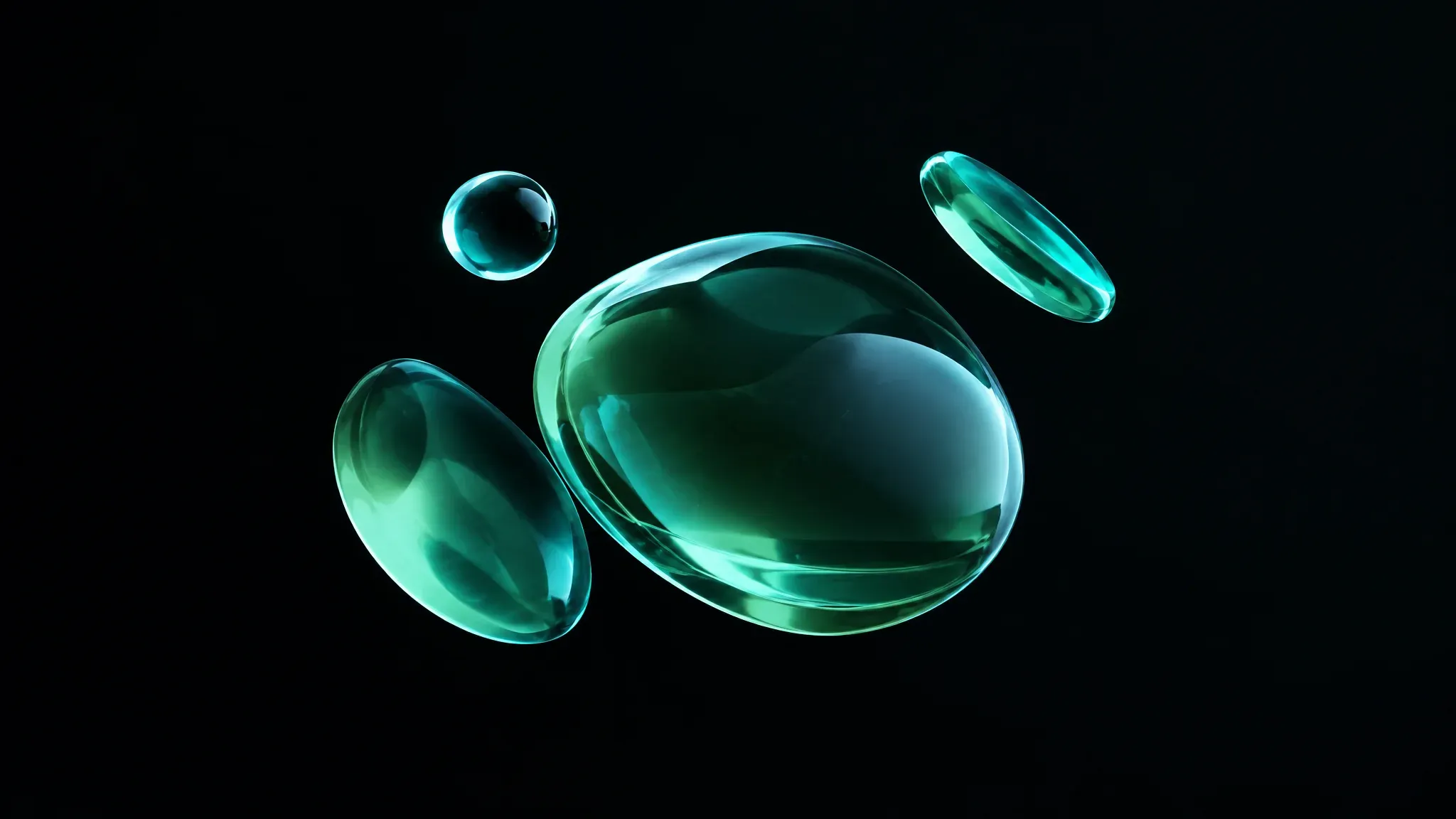 Jade glass shapes floating on a dark background for the Jade Jelly project